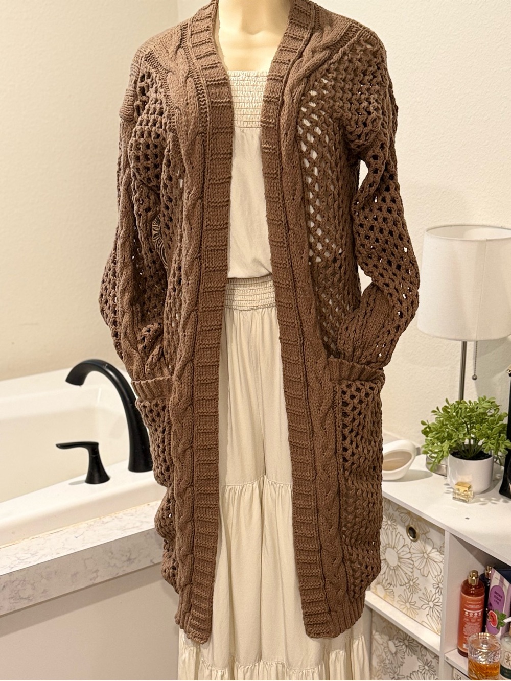 Blakeley Brown Open Knit Cable Cardigan — One Size